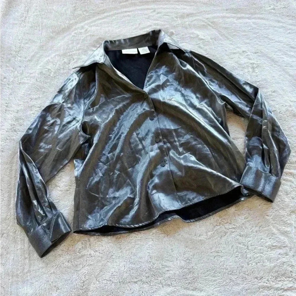 Christie & Jill Silver Petite Button Up Holiday Blouse Size 14P Fold Cuff Sleeve - Picture 1 of 3